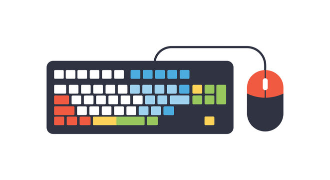 a colorful keyboard connected to a red mouse