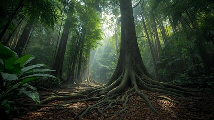 Sunbeams pierce the dense canopy of an old-growth jungle, illuminating a massive tree with powerful, exposed roots