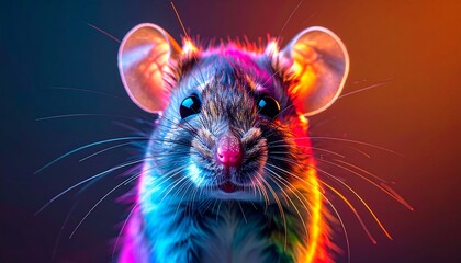 A vibrant, close-up portrait of a rat, illuminated by striking neon colors, showcasing a playful and curious expression.
