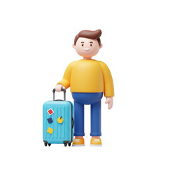 Smiling 3d Cartoon Traveler Holding Blue Luggage Bag, Ready for Vacation Journey