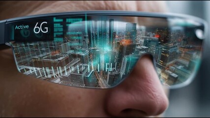 6G network infrastructure. Quantum communication. Holographic communication. Data Speed. A close-up view of futuristic glasses displaying a cityscape. - Powered by Adobe