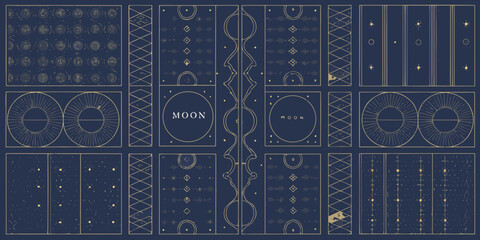 Elegant celestial pattern with geometric designs and moon motifs on a dark blue background