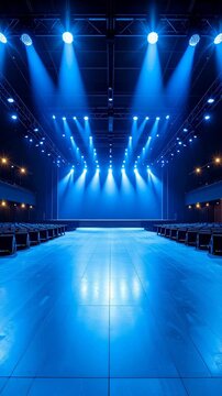 Empty theatrical stage bathed in vibrant blue light and rows of seats awaiting a performance, showcasing lighting truss and reflective flooring.