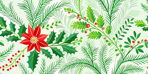 Festive christmas floral pattern with red poinsettia holly berries and evergreen branches on a light background