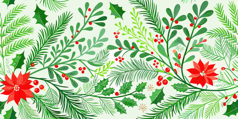 Festive christmas botanical background with poinsettias holly berries and pine branches