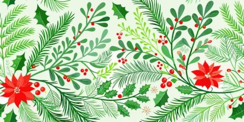 Fotobehang Tropische Bladeren Festive christmas botanical background with poinsettias holly berries and pine branches  © Apurba