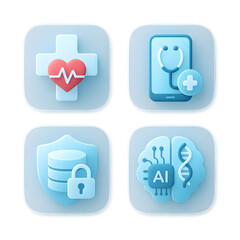 Healthcare AI glassmorphism icons 2x2 set transparent background isolated cut out PNG telemedicine EHR privacy security diagnostics DNA neural chip