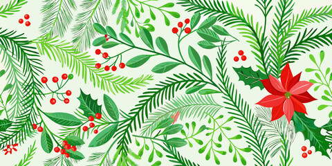 Festive christmas botanical background with evergreen branches holly berries and poinsettia flower