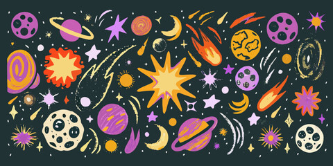 Whimsical hand drawn space elements featuring planets stars comets and moons in vibrant colors © Apurba