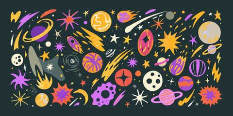 Whimsical hand drawn space elements featuring planets stars comets and rockets in vibrant colors