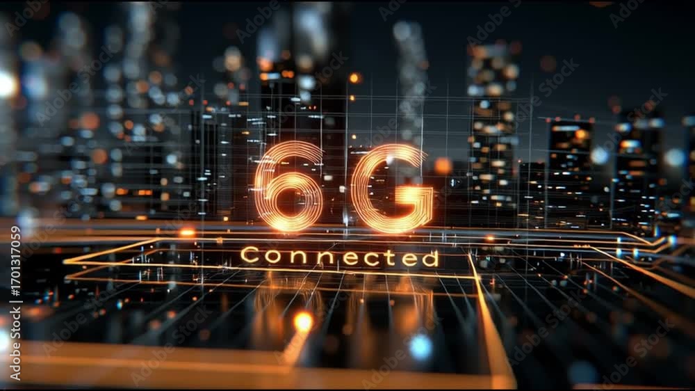 Poster 6g network infrastructure. quantum communication. holographic communication. data speed. futuristic 