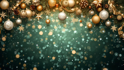 Christmas Background with Golden Ornaments and Bokeh Lights