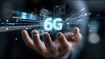 6G network infrastructure. Quantum communication. Holographic communication. Data Speed. A hand holding a glowing '6G' symbol amidst digital effects. - Powered by Adobe