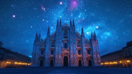 Fototapeta premium Night view of a majestic cathedral under a starry sky.