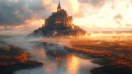 Majestic castle on misty island at sunset.