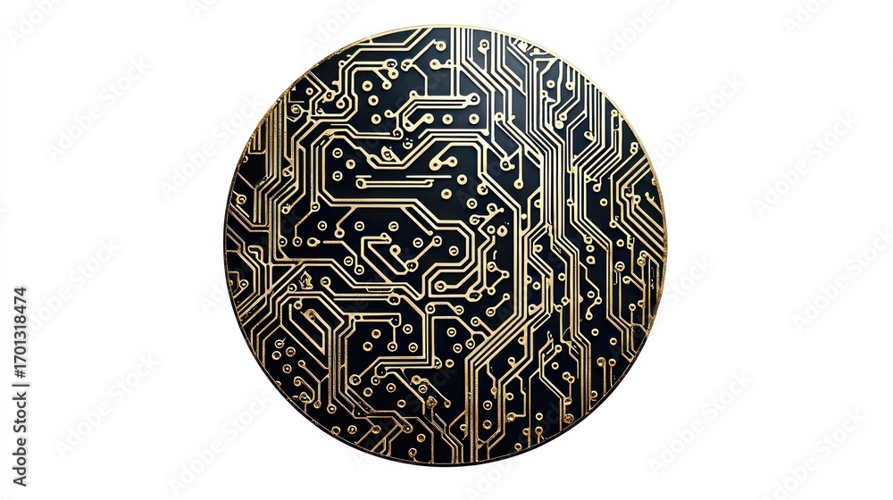 Aufkleber circular circuit board design with intricate golden lines against a dark background