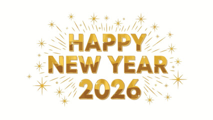 Golden "Happy New Year 2026" text illuminated with sparkling fireworks and festive starbursts against a clean white background, celebrating the upcoming year.