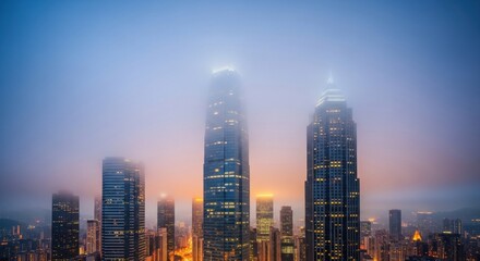 Obraz premium City skyscrapers emerge from a hazy mist, lit with golden light at dusk