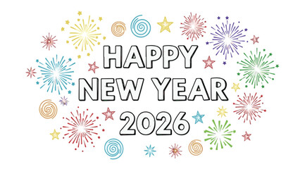 Festive "Happy New Year 2026" text surrounded by colorful, stylized fireworks and swirling graphic elements, celebrating the upcoming year.
