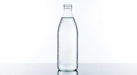 Clear glass bottle filled with clear liquid against bright, blurred background