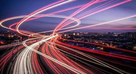 City lights streak above cityscape in long exposure with purple sky