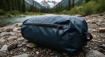Waterproof Duffel Bag on Rocky Riverbank