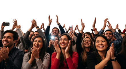 A vibrant group of diverse people smile, dance, and have fun together at a party