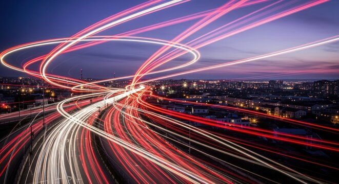 City lights streak above cityscape in long exposure with purple sky - Powered by Adobe