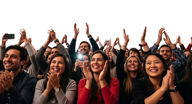 A vibrant group of diverse people smile, dance, and have fun together at a party