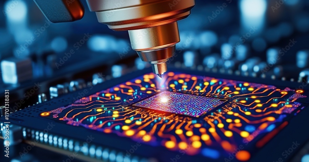 Poster ultraviolet lithography (euv) process in ai chip manufacturing. silicon wafer etching with precise p