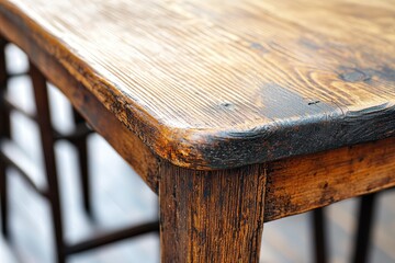 Close-up aged wood table corner, blurred background showing chairs