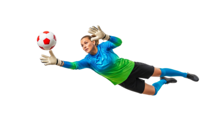 Young female athlete jumping with a soccer ball