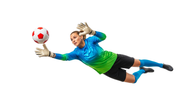Young female athlete jumping with a soccer ball - Powered by Adobe