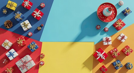 Fototapeta premium Colorful Christmas presents and decorations are arranged on a vibrant blue, red, and yellow background with a central yellow space.
