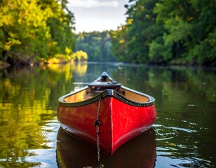 Red canoe on calm river
