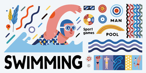 Man swimming in a pool with sport games and abstract elements