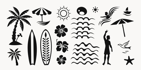 Collection of black silhouette icons representing summer vacation and beach activities
