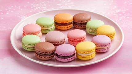 Obraz premium A plate of colorful macarons arranged neatly on a pastel background.