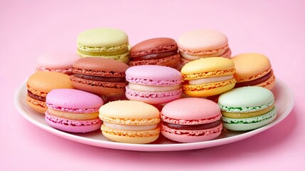 Obraz premium A plate of colorful macarons arranged neatly on a pastel background.
