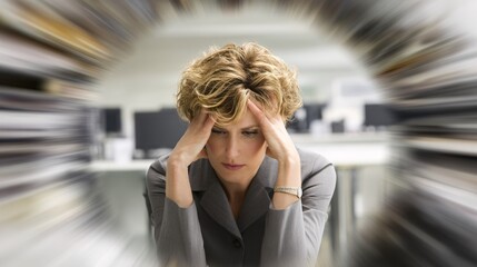 illustration showing a busy, middle-aged businesswoman slumped in her chair, with her head in her hands. The office is shown in a chaotic blur around her, with piles of documents and glowing