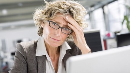 businesswoman with glasses sitting at a desk holding her forehead, visibly stressed while looking at a laptop in a bright office. Her expression reflects fatigue, mental overload, and workplace 