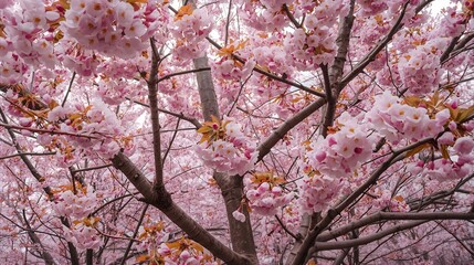 Fototapeta premium Looking up into a beautiful canopy of delicate pink cherry blossom flowers blooming abundantly in the springtime