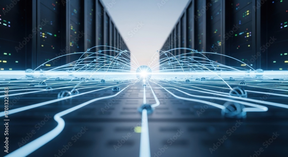 Aufkleber data center with illuminated nodes and glowing network connections