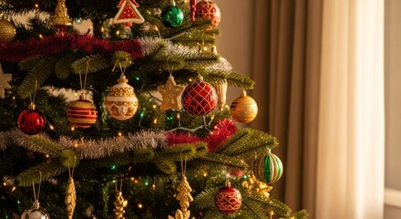 Fototapeta premium Decorated Christmas tree with colorful ornaments and garland, near window