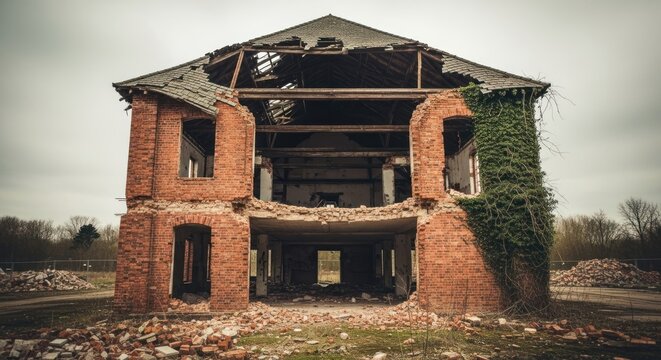 Decayed brick structure; roof destroyed, ivy climbing exterior - Powered by Adobe