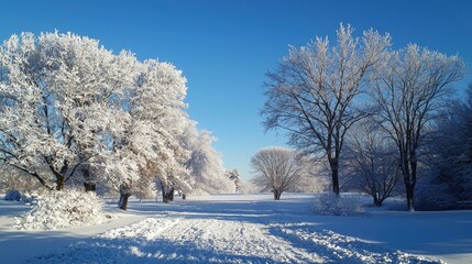 A serene winter landscape with snow-covered trees and a clear blue sky.