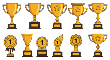 golden trophies and awards displayed in various shapes and sizes