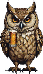 Cute Brown Owl with Coffee Cup Illustration: A cute brown owl with big, round eyes holds a steaming cup of coffee. The owl has detailed feathers, upright pointed ears, and a curious expression