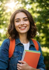 Happy Young Woman Student with Backpack and Books Outdoors