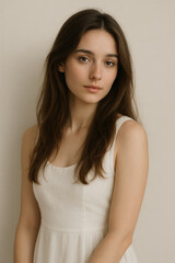 Fototapeta premium Elegant portrait: A young woman in a graceful white dress, her gaze direct and captivating, embodies serene poise against a soft-toned background.